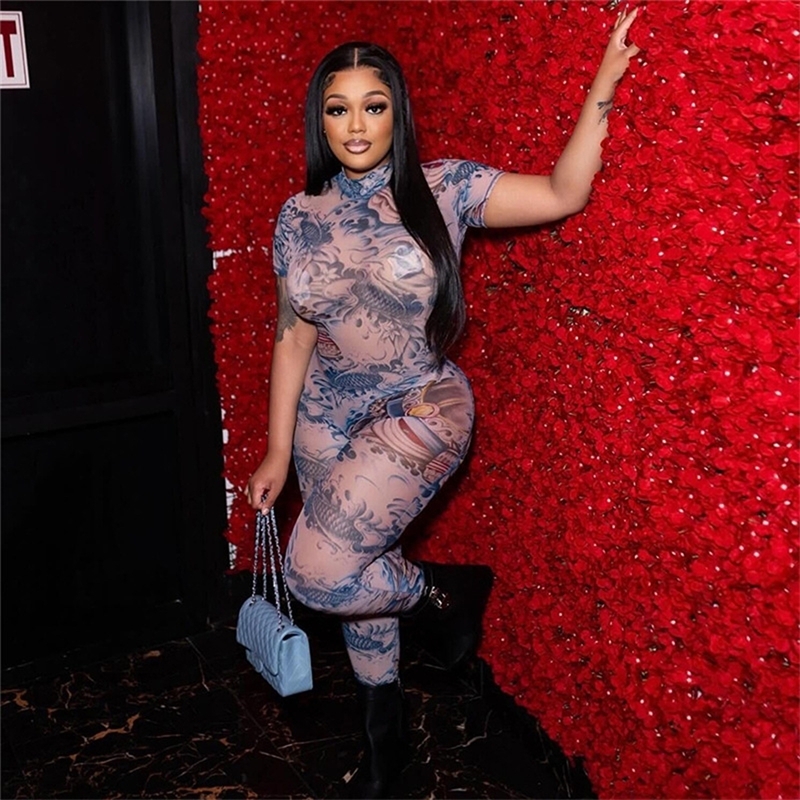 Womens Sexy Jumpsuit Backless Fashion Bodysuit Backless Pattern Printed Transparent Mesh Clubwear Bodycon Jumpsuits for Women Amp Rompers