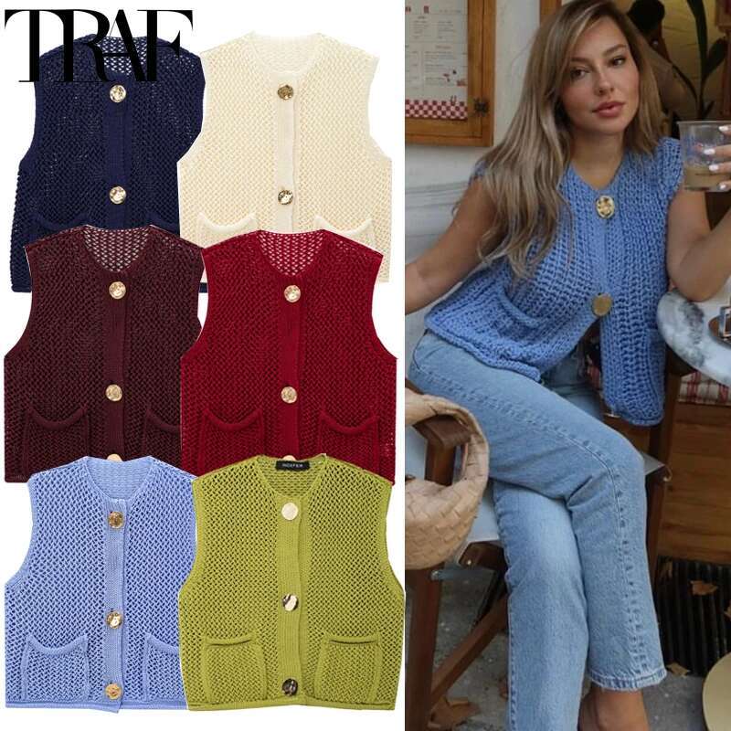 TRAF Sweater Women Knitted Sleeveless Cropped Knitwears Autumn Cut Out Crochet Vest Woman Outerwears Casual Knit Waistcoat