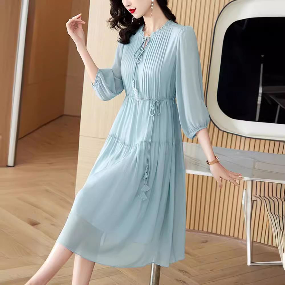 L7120 Mulberry silk dress women summer 2024 new three-quarter sleeve French large size loose silk dress