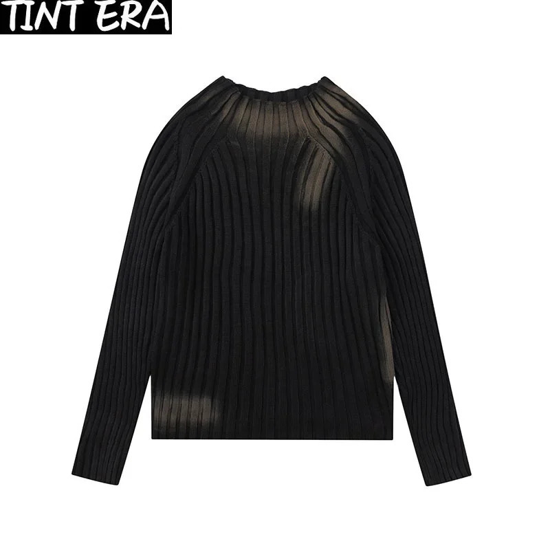 High Street Paint Graffiti Old Slim Fit Knitted Tshirt Ins Lazy Style Sweater Fashion Tops Pullover 250113