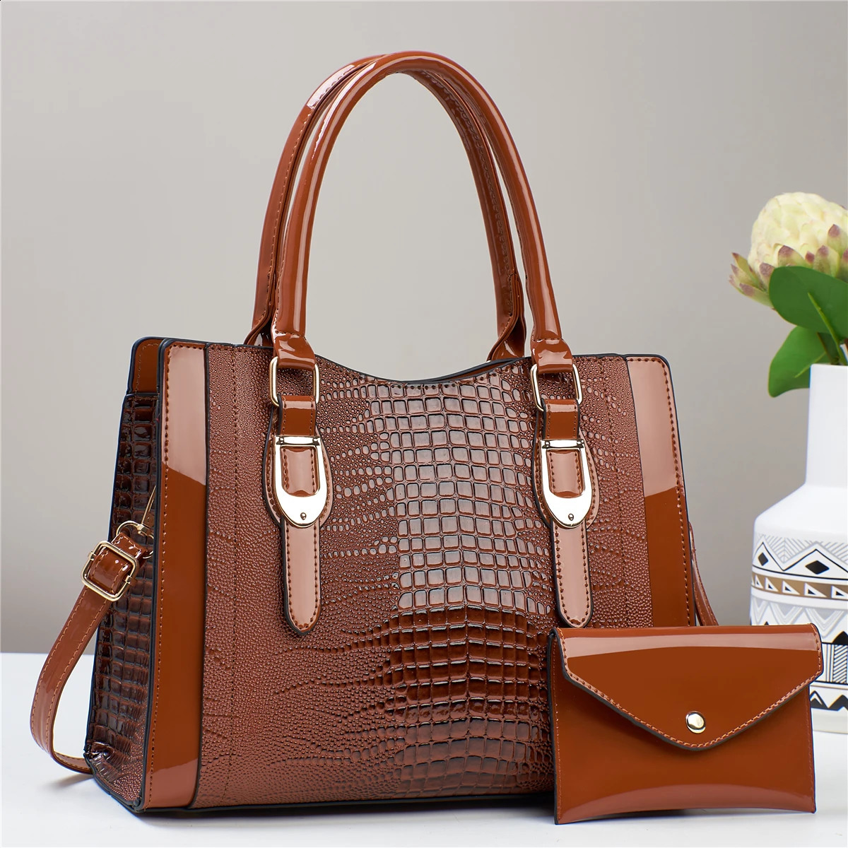 2pcs Glossy Print Handbag Set - Stylish Top Handle Tote Versatile Crossbody Bag with Mini Card Coin Purse 250106