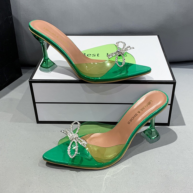 Sandals Women Transparent New High Heels Bow Rhie Buckle Sexy Crystal Heel Design Mules Slides Fashion Wedding Shoes