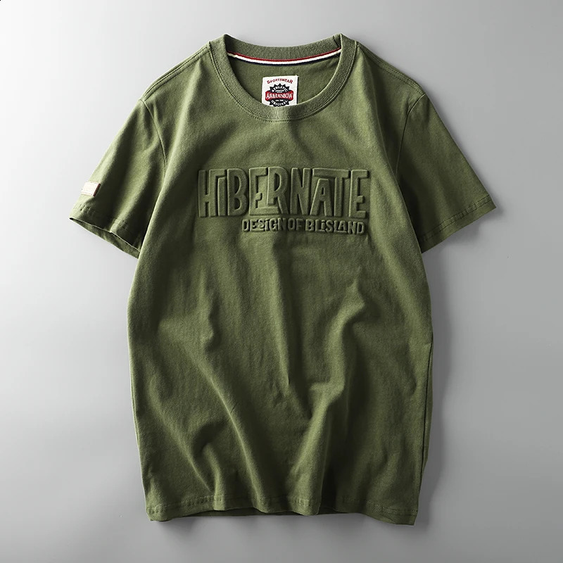 Summer American Retro Shortsleeved Oneck 3D Letter Printed Tshirt Mens Fashion Simple 100% Cotton Washed Casual Sport Tops 250113