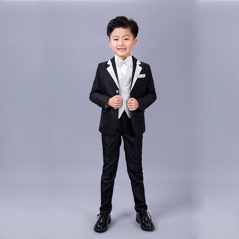 Boys Slim Fit Suits 5 Pieces Set Jacket With Gold Rims For Wedding Party Prom Kids Blazer Vest Pants Shirt Bowtie outfit 241126