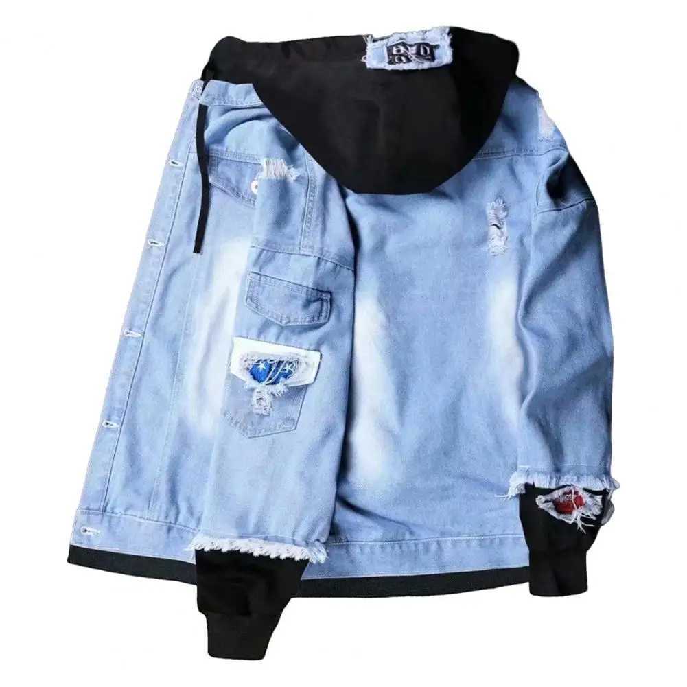 Trendy Denim Jacket Male Jean Jacket Buttons Ripped Drawstring Denim Jacket Daily Wear X250113