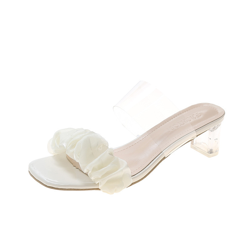 2025 free shipping sandals for womens designer sandals white beige Transparent thick heel square toe pleated high-heeled sandals