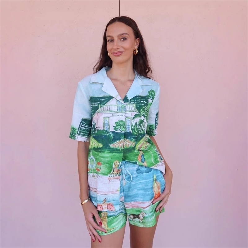 Women Tracksuits Two Pieces Set 2025 New Fashion Versatile Linen Graffiti Set Sportwear