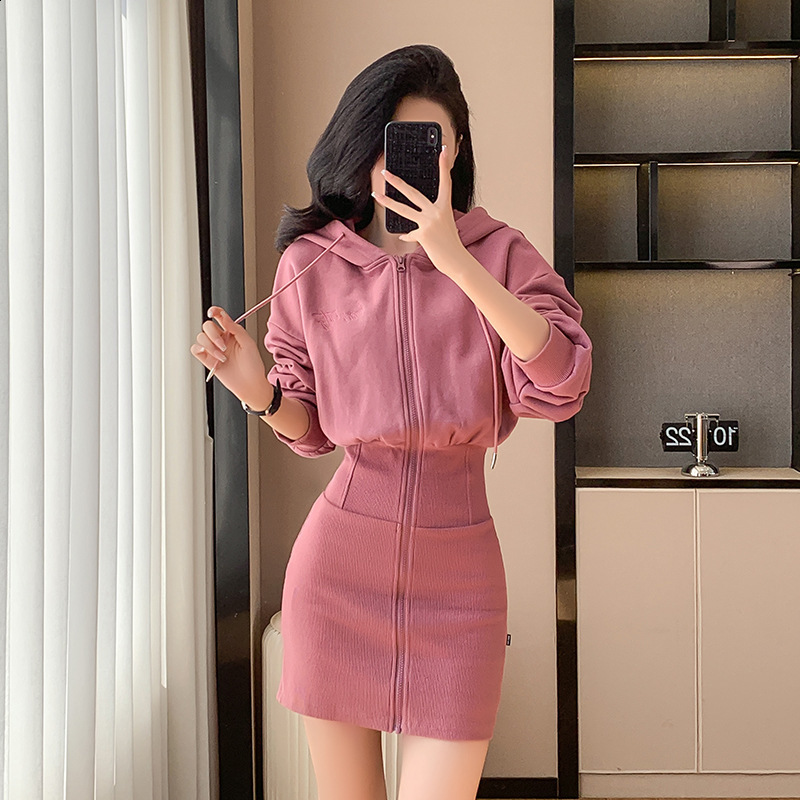 Sexy girl hooded sweatshirt long sleeved dress temperament womens waist bag hip skirt 2024 autumn and winter dress Y200930