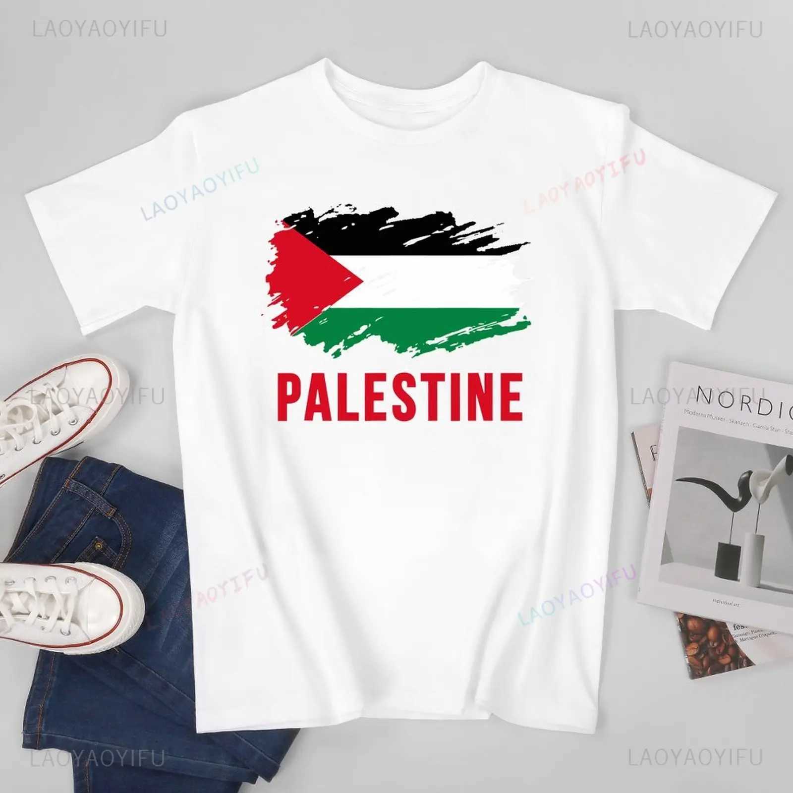 Classic Unisex Men Vintage Palestine Flag Printed T-shirt Casual Loose Tees T Shirts Women Summer Outdoors Cotton T-Shirt X250113