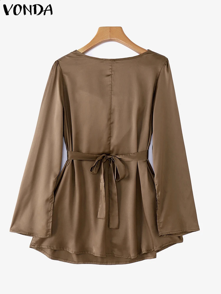 Plus Size 5XL VONDA Women Satin Silk Blouses Elegant Long Sleeve Tops Casual Pile Collar Blusas Solid Pullover Lady Office 250102