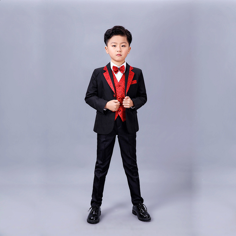 Boys Slim Fit Suits 5 Pieces Set Jacket With Gold Rims For Wedding Party Prom Kids Blazer Vest Pants Shirt Bowtie outfit 241126