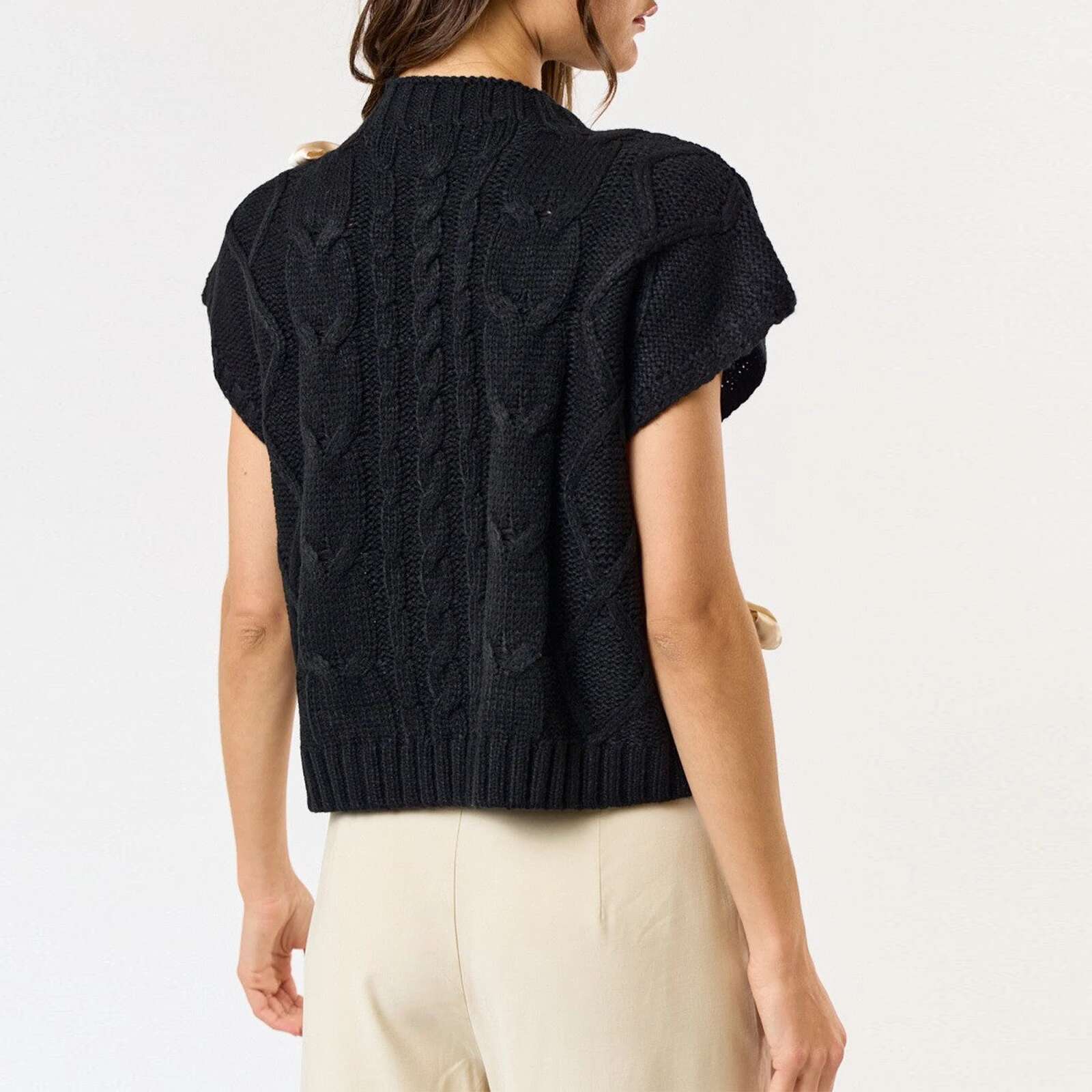 Combhasaki Women Y2k Kawaii Knitwear Tops Crew Neck Short Sleeve Contrast Color Ribbon Drawstring Tie-Up Sweater Vest Streetwear