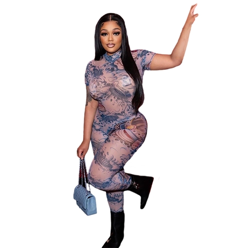 Womens Sexy Jumpsuit Backless Fashion Bodysuit Backless Pattern Printed Transparent Mesh Clubwear Bodycon Jumpsuits for Women Amp Rompers