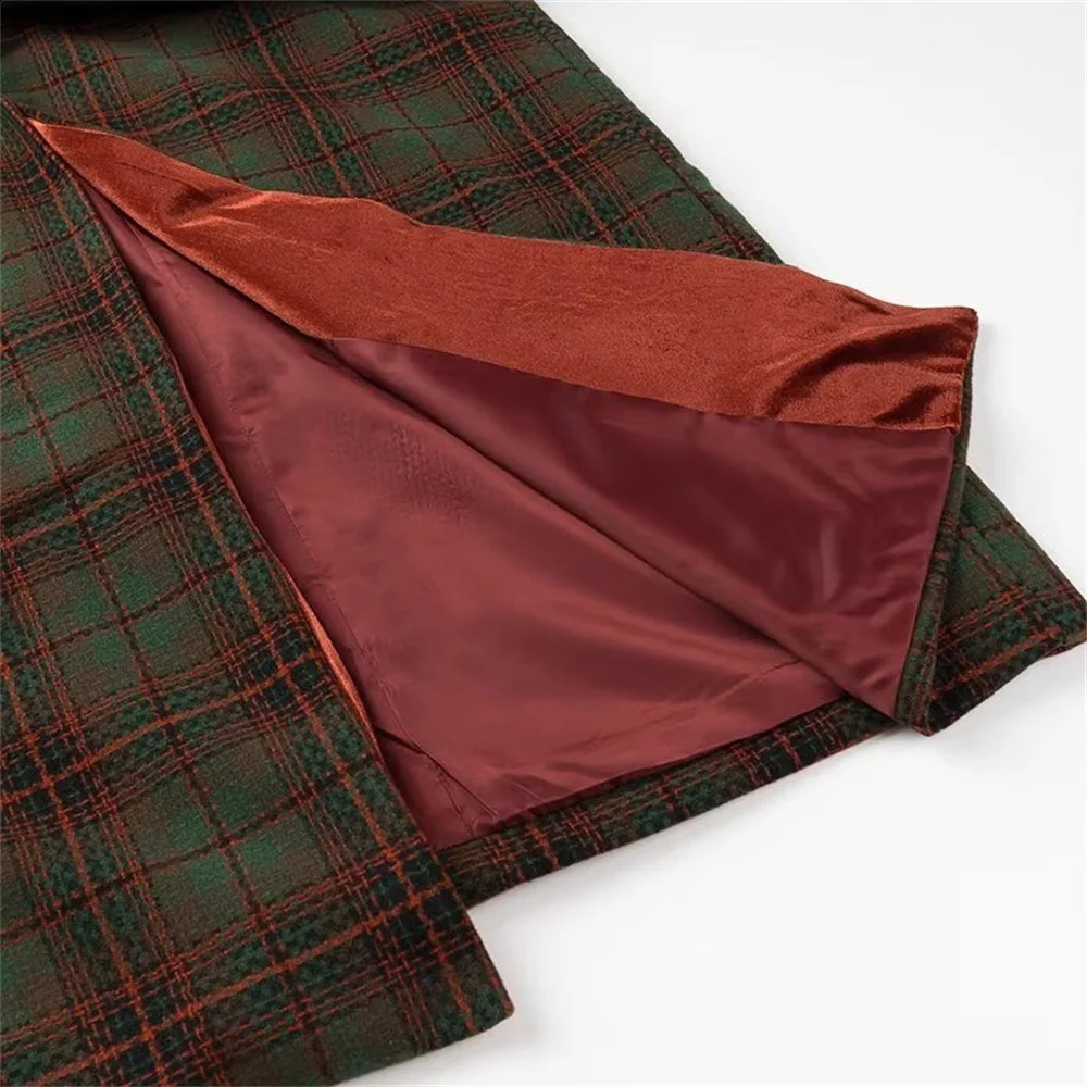 AutumnWinter Womens Casual Fashion Versatile Collar Pocket Checkered Wool Long Coat 250102