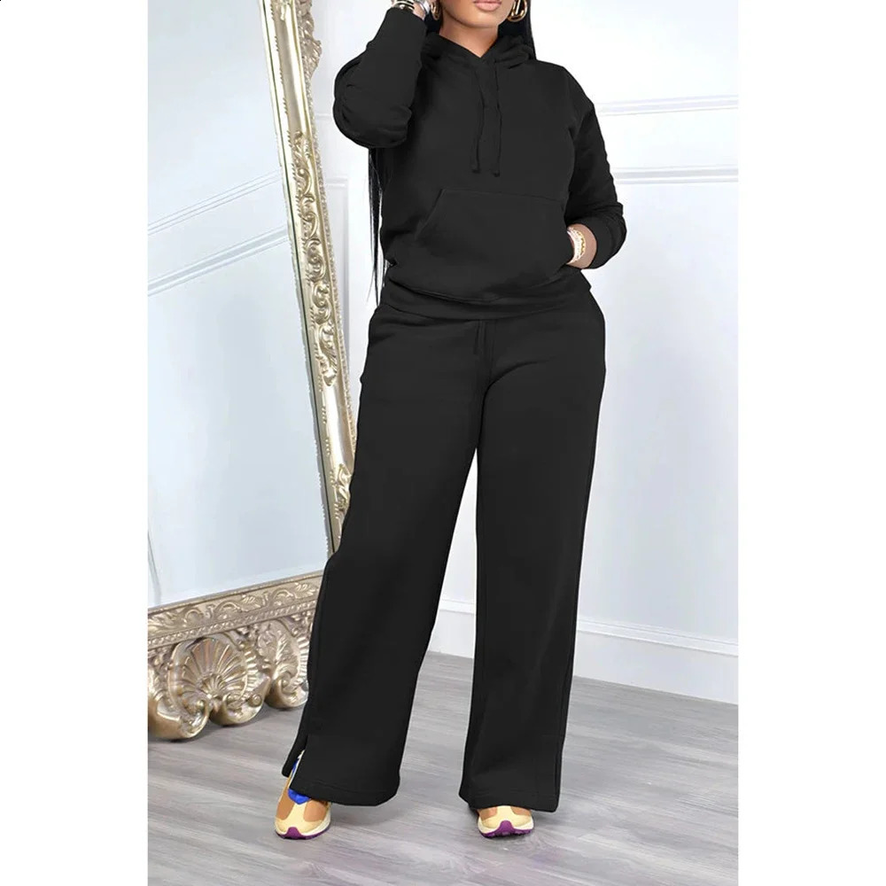 Plus Size Daily Pant Sets Casual Black Fall Winter Hoodie Long Sleeve Cotton Two Piece With Pocket 250106