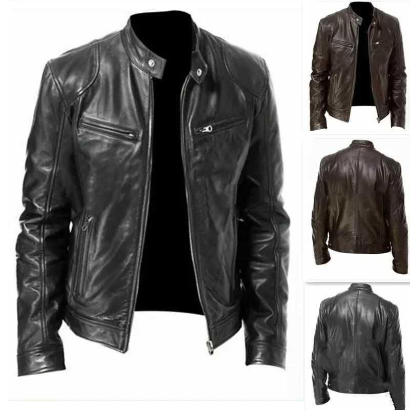 Mens Brown Pu Leather Jacket Motorcycle Faux Leather Moto Biker Jacket Men Hot Stand Collar Casual Coat Boy Large Size Xxxl 4xl X2501131