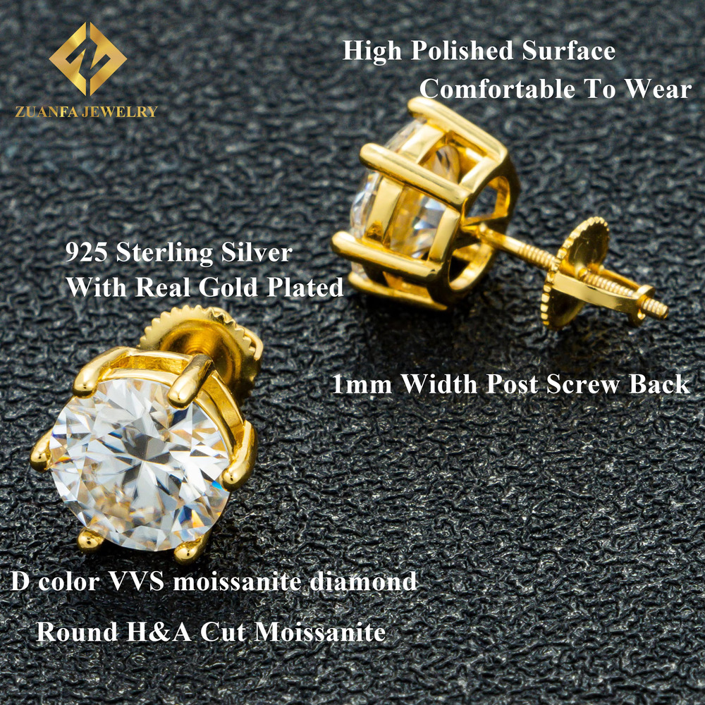 Ready to ship Zuanfa jewelry Round shape VVS GRA Certificate Moissanite dia sterg sier Screw Back Stud hip hop Earrings