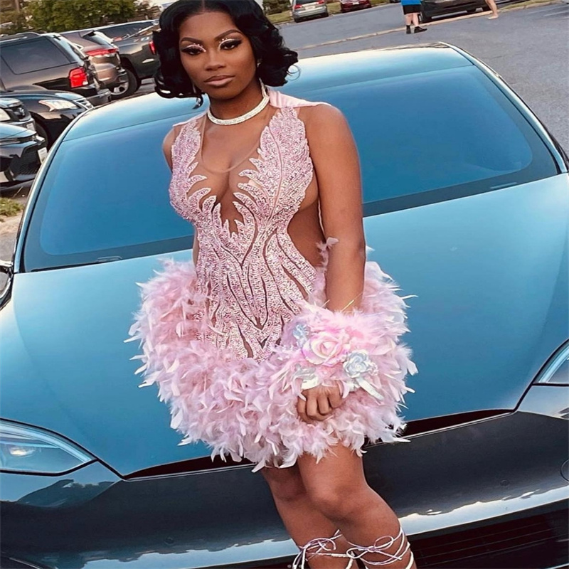Luxury Pink Baddie Prom Dress Sexy Feather Short Cocktail Dress Sequin Evening Black Girls Birthday Dress Party Wear South African Formal Occasion Dre