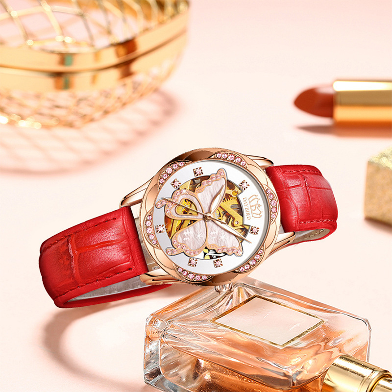 Women's Elegant Ceramic Strap Watch with Butterfly Skeleton Design