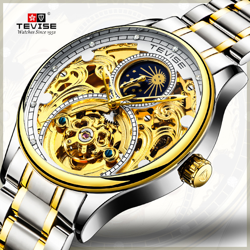 TEVISE Designer Watch Automatic Mechanical Watch Tourbillon Moon Phase Automatic Hollow Mechanical Men's Waterproof Watch T061-T820A