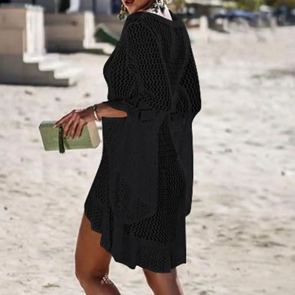 Sexy womens swimsuit beach cover hollow knit womens flannel long sleeved solid color beach dress Saida de Praia 250109