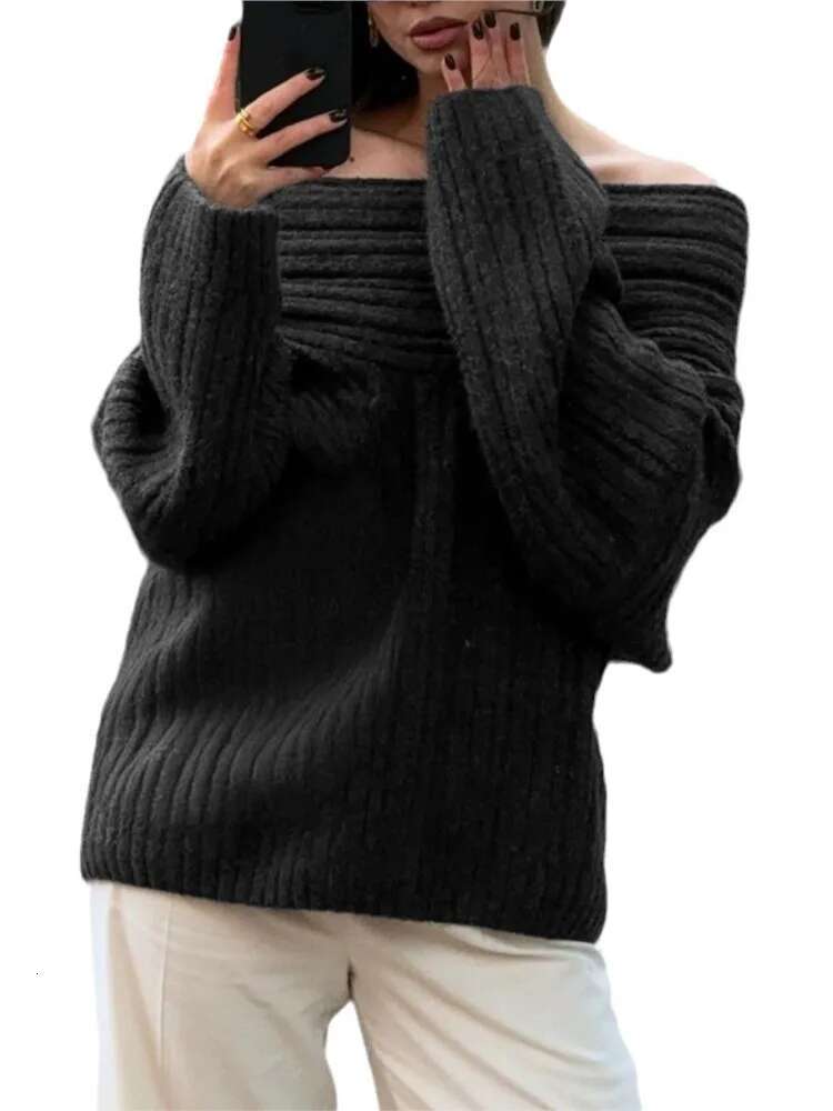 Women Sexy Solid One Neck Ribbed Sweater Fashion Off Shoulder Long Sleeve Knitted Pullover 2024 Autumn Lady Chic Street Knitwear