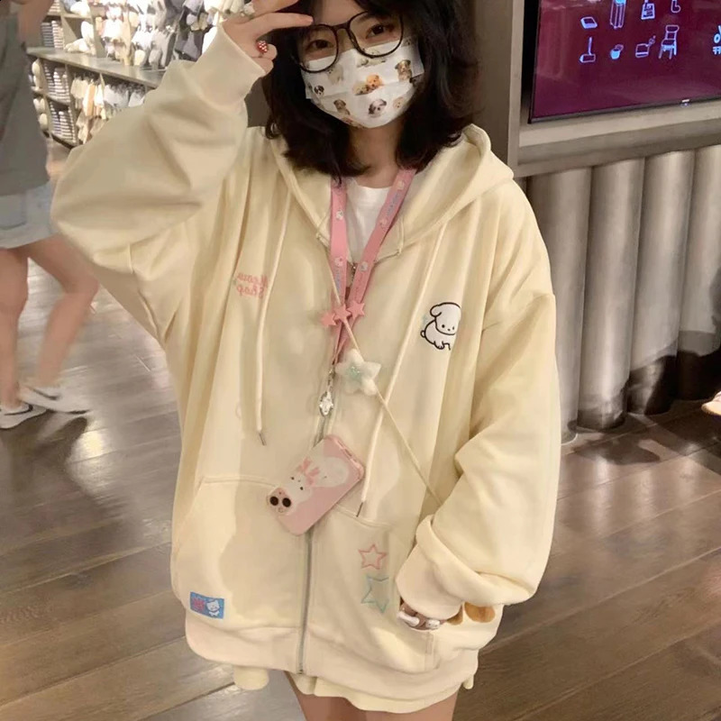 Harajuku Pink Kawaii Women Hoodies Sweet Cartoon Loose Zipper Female Sweatshirts Japanese Style Ladies Hooded Jacket 250113
