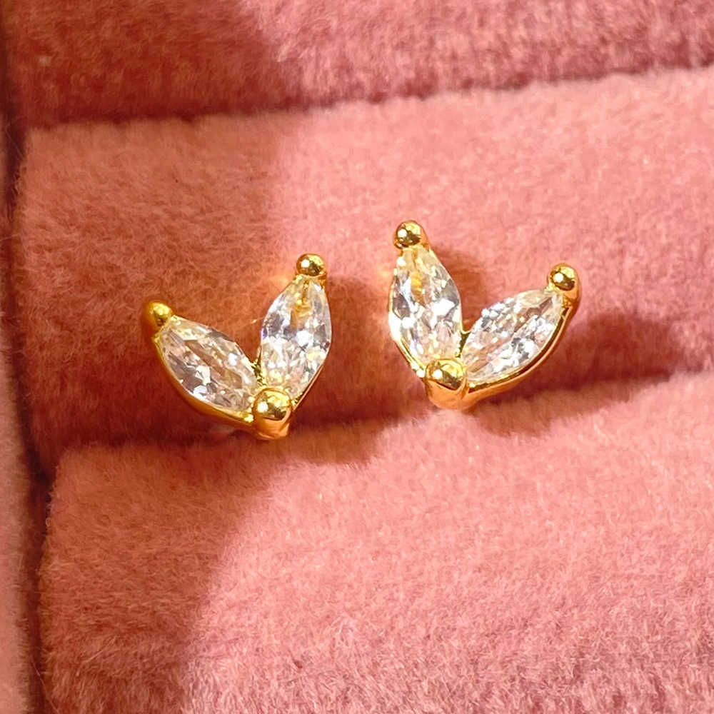 Korean Trendy Designer 18K Gold Plated Waterproof Tiny Cubic Zirconia Leaf Stud Earrings