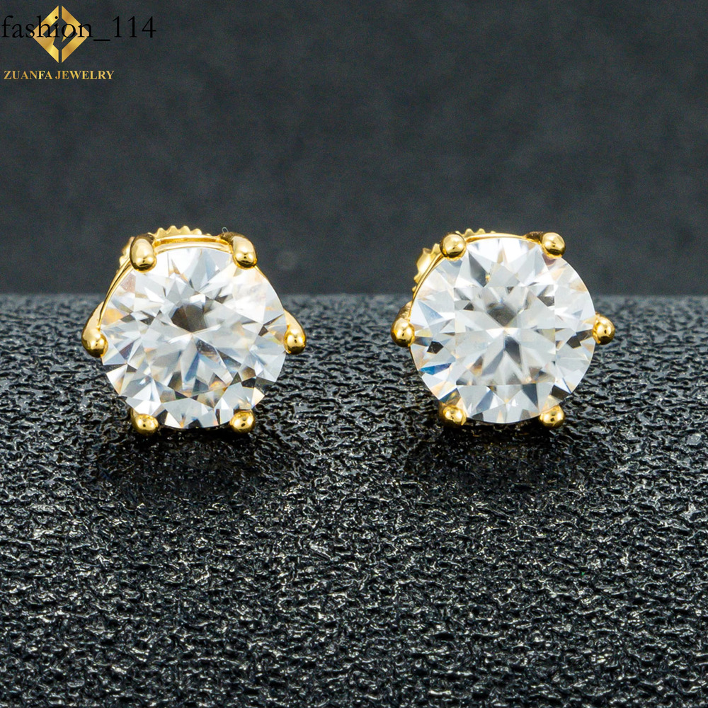 Ready to ship Zuanfa jewelry Round shape VVS GRA Certificate Moissanite dia sterg sier Screw Back Stud hip hop Earrings