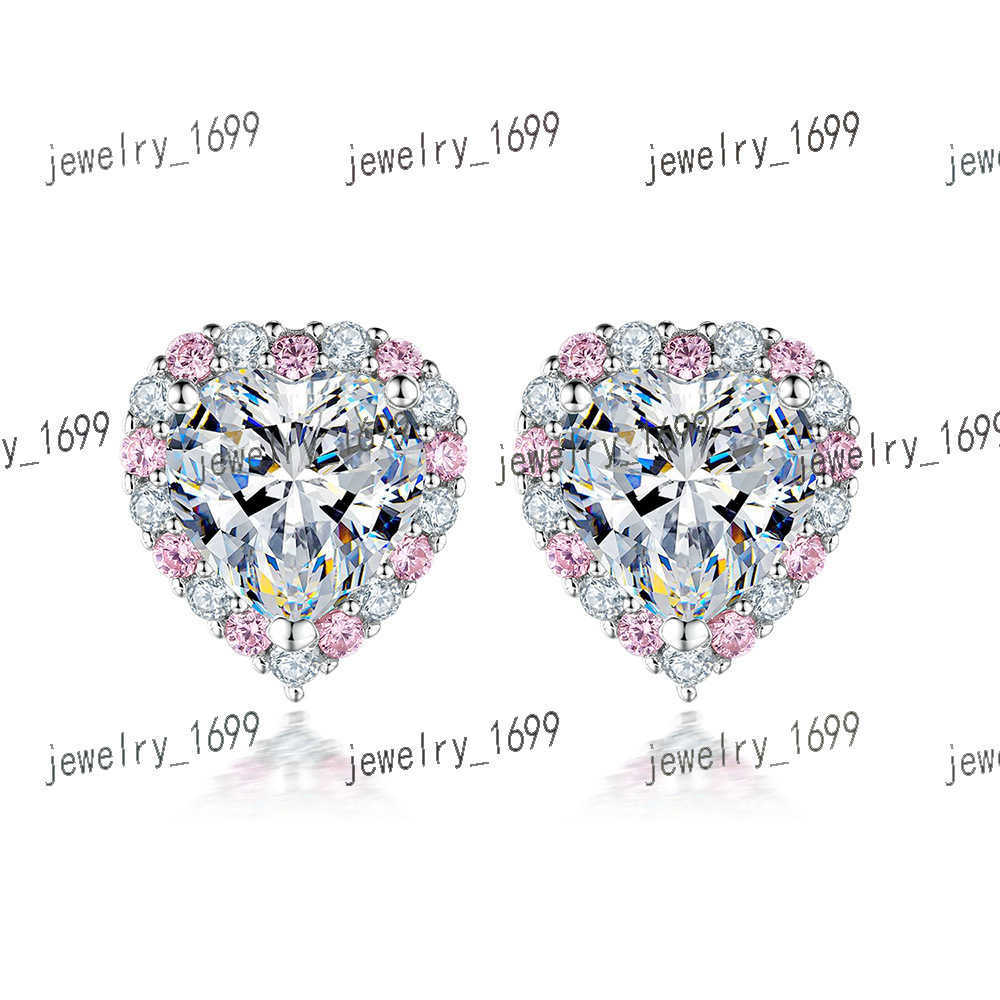 Fashion heart-shaped Zircon earrings Simple pink Zircon row diamond earrings S925 sterling silver love earrings