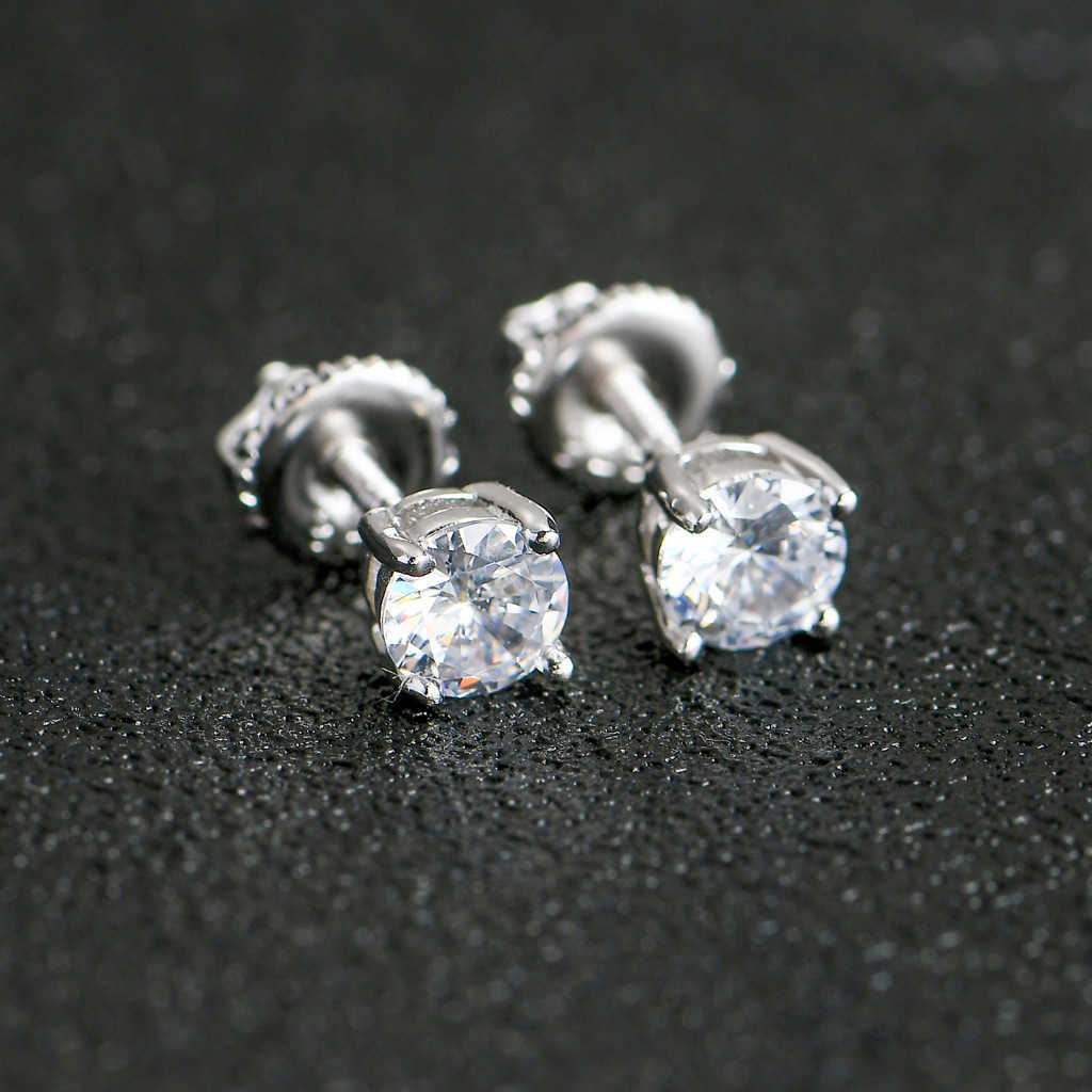 Fashion Simple Style Hip Hop Iced out White Gold Plated 5A CZ Stone 925 Sterling Silver Round Stud Earrings Men and Women Gift