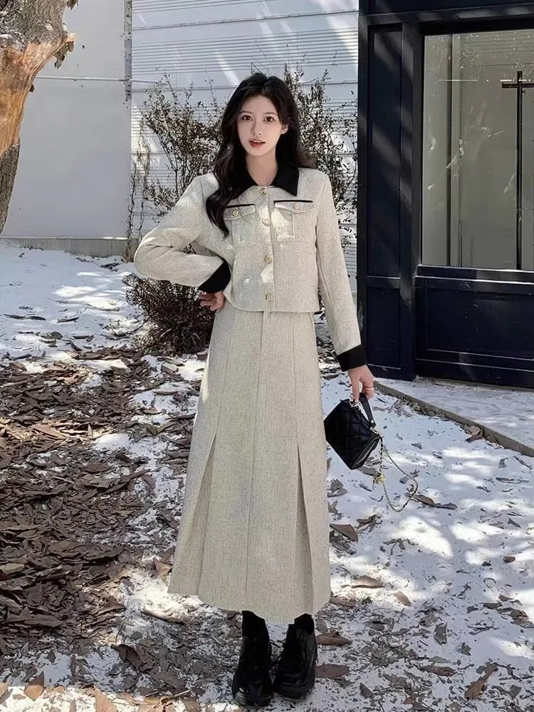 Womens French Style Thickened Cotton Woolen Suit Skirt Set Retro Contrasting Collar Woolen Jacket Pleated Skirt Two-piece Set 250113