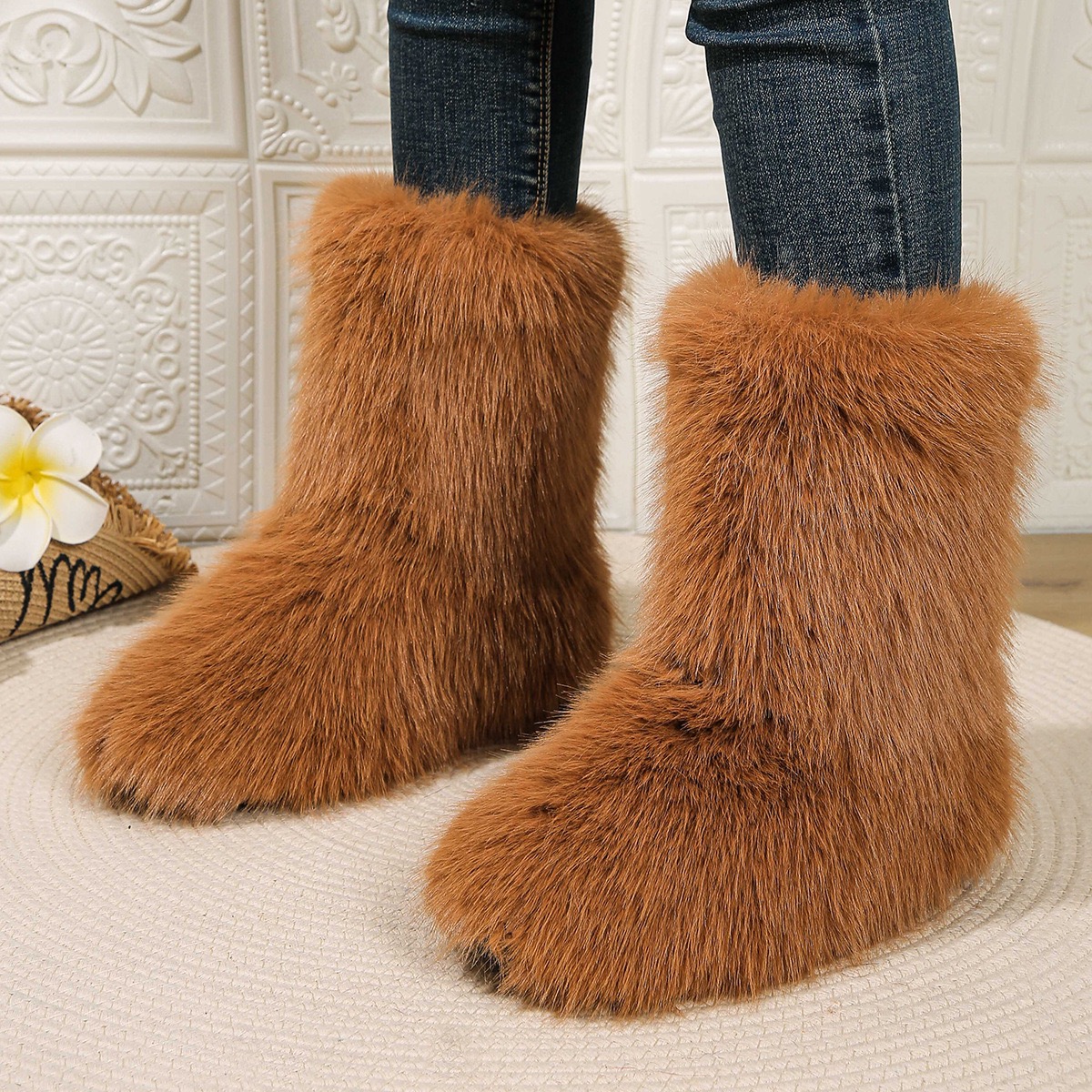 2025 new Womens Fluffy Faux Fur Boots Stylish High-Top - Versatile Winter Warmth for Snowy Adventures 240909