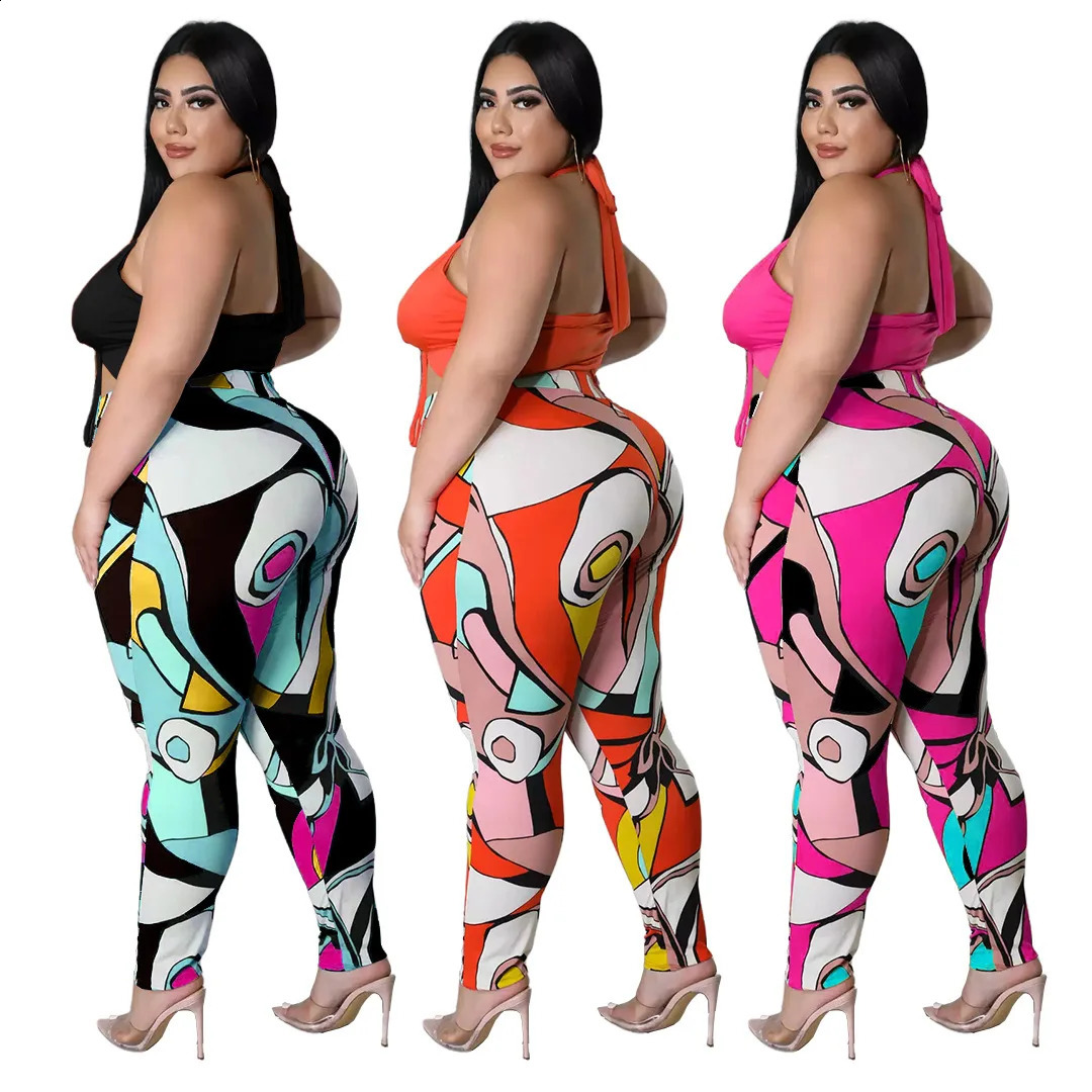 5xl Summer Outfits Sexy Lace Up Top Print Sweatpants Hollow Out Plus Size Two Piece Set Clothing Wholesale Drop 250106