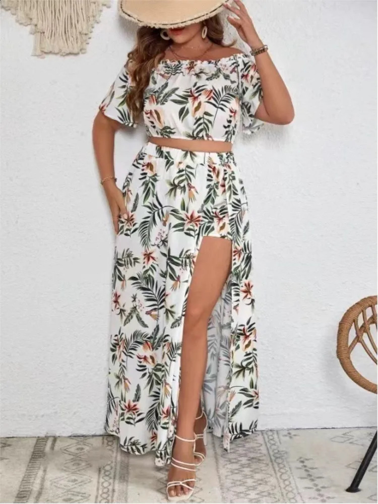 Plus Size Summer 2 Two Piece Set Women Off Shoulder Sexy Ladies Cropped Blouses Irregular Split Modis Ruffle Pleated Woman Skirt 250106