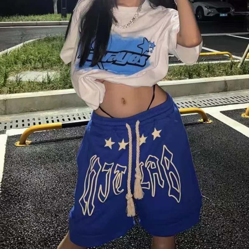 Summer Laceup Y2K Loose Couples Shorts Klein Blue American Vintage Street Elastic Waist Knee Short Sweatpant Women Letter 250107