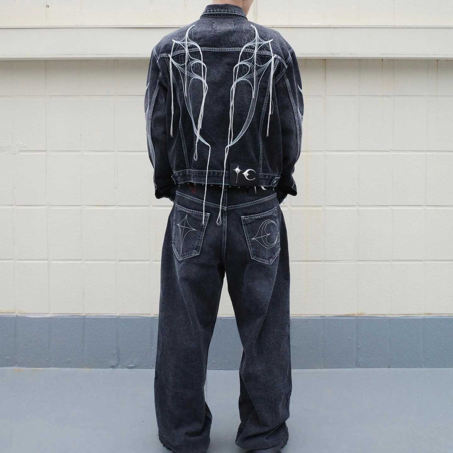 Harajuku Wing Embroidery String Tassel Black Jeans Jacket for Men and Women Lapel Washed Casual Bomber Denim Coat Oversized X250113