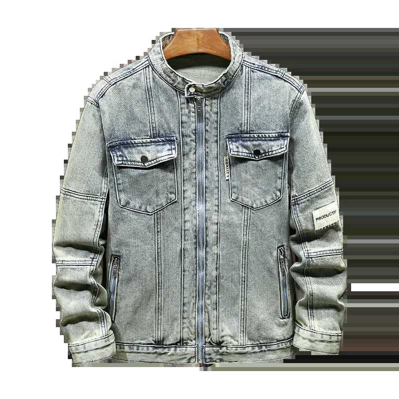 Retro blue high-end retro worn looking washed-out denim clothing for men 2024 fashion street motorcycle slim-fit zipper jacket X250113