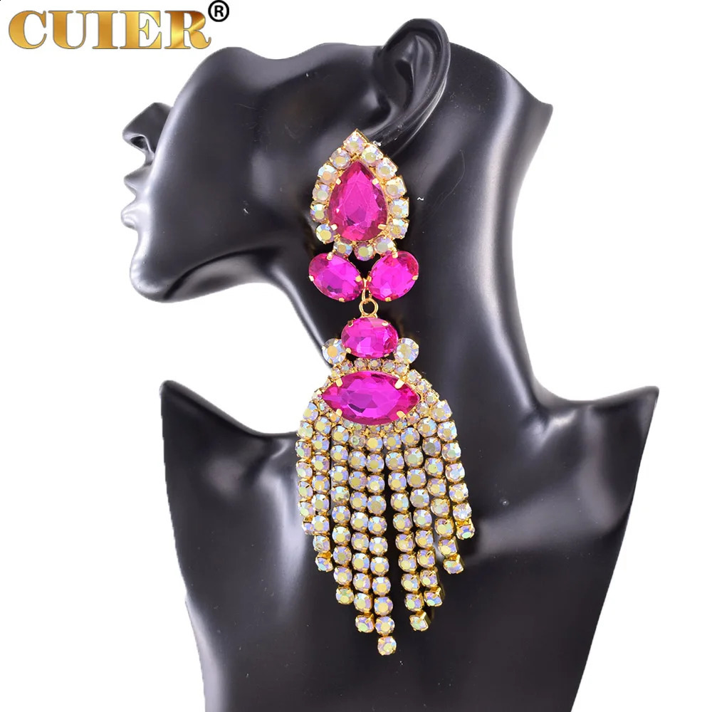 Rhinestones SS28 Dazzling17CM long tassel clip female earrings jewelry crystal AB large size dress queen accessories 250110