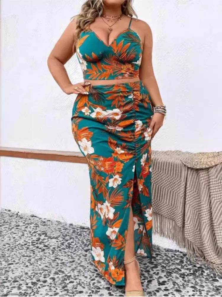 Plus Size Summer Floral Print 2 Two Piece Set Women Sleeveless Sexy Fashion Ladies Cropped Slip Tops Split Pleated Woman Skirts 250106