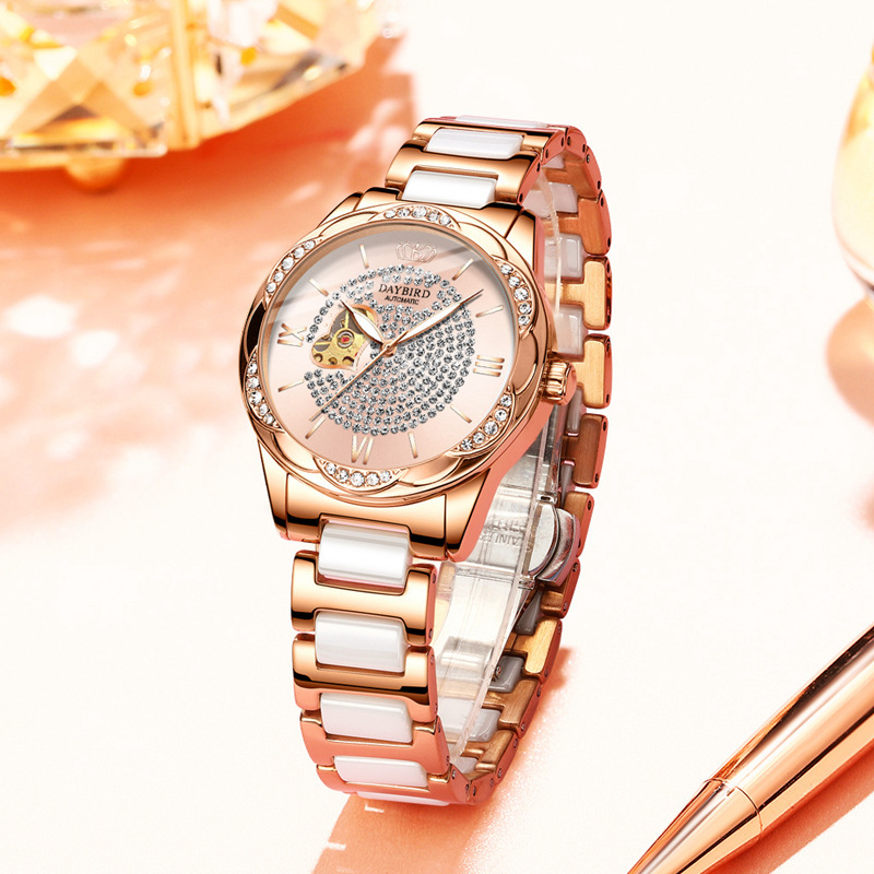 Women's Elegant Ceramic Strap Watch with Starry Sky and Heart Skeleton Design