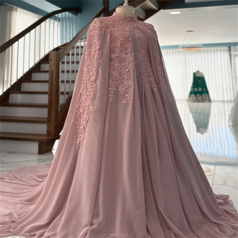 Dusty Pink Muslim Wedding Dress Arabian Moroccan Traditional Ingush Bride Dress Caftan Applique Islamic Sukienka Civil Saudi Arabic Bridal Gowns 2025 