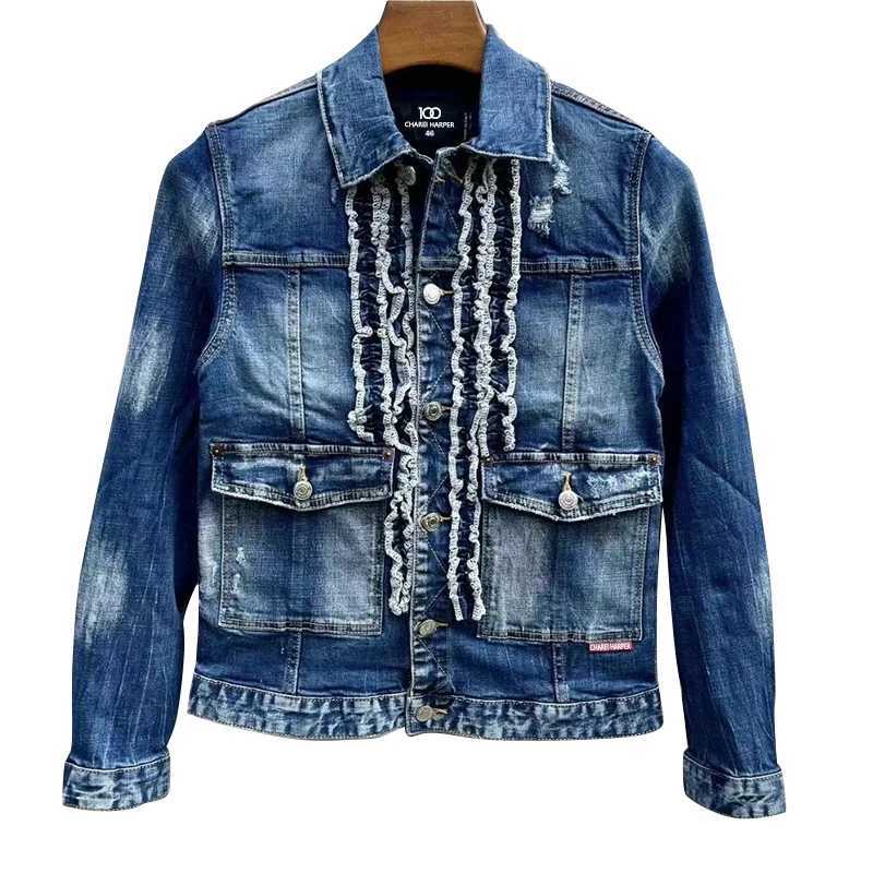 100 CHAREI HARPER 2818 Denim jacket mens high quality wash white top Youth hipster men ripped patch denim jacket X250113