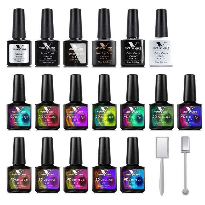 20pcs/kit New 9D Galaxy Cat Eye Set Box Venalisa Magic Glitter Nail Polish Magent Topcoat Base Coat Gel Magnetic Tool