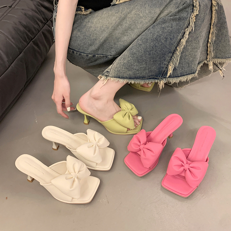 Women Slippers High Heel Bow Design Sweet Fashion New hot Style Triple Beige Green Fuia Free shipping