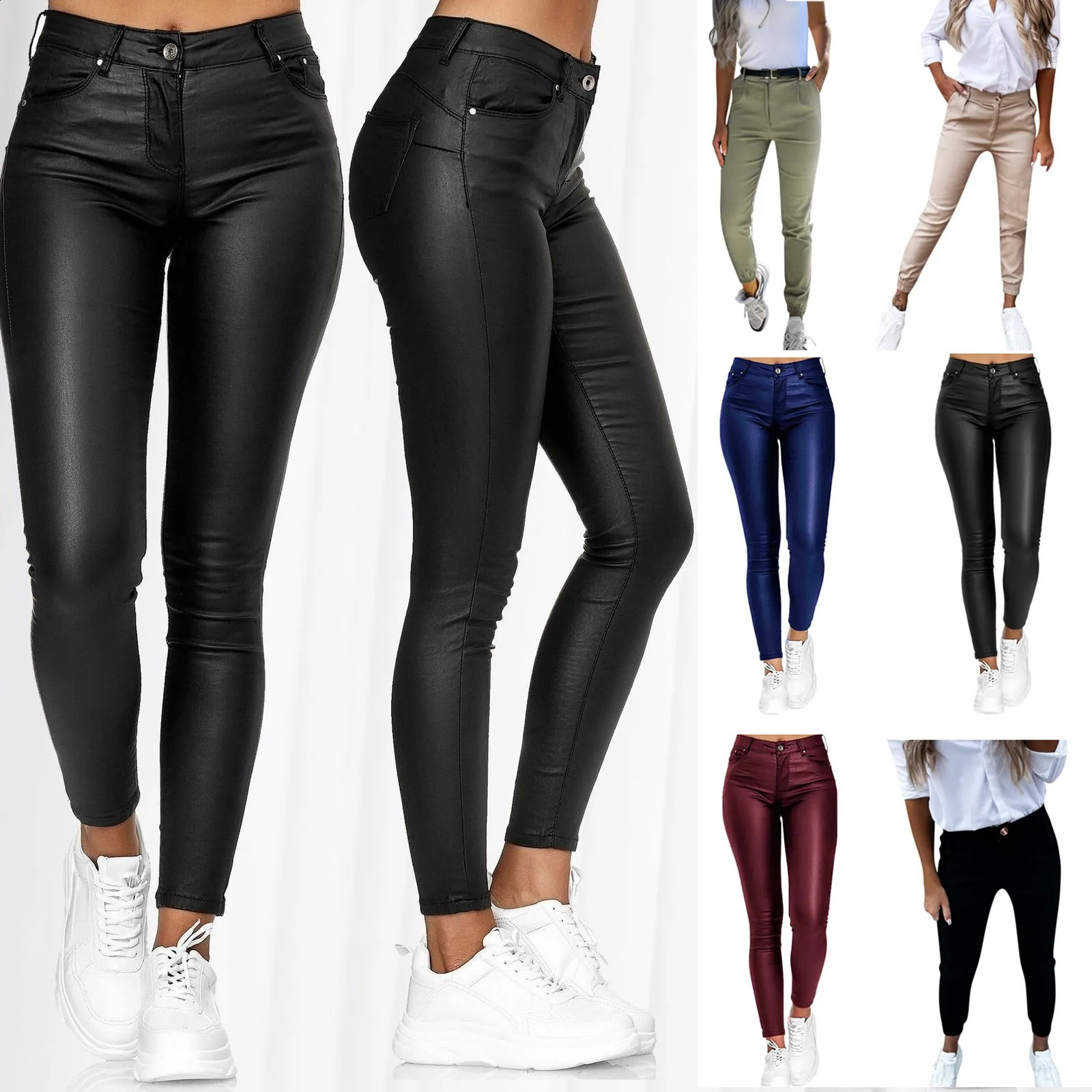 PU Leather Skinny Pants for Women Slim Fit Leggings Solid Casual Sexy Stretch Bodycon Trousers High Waist Pencil 250102