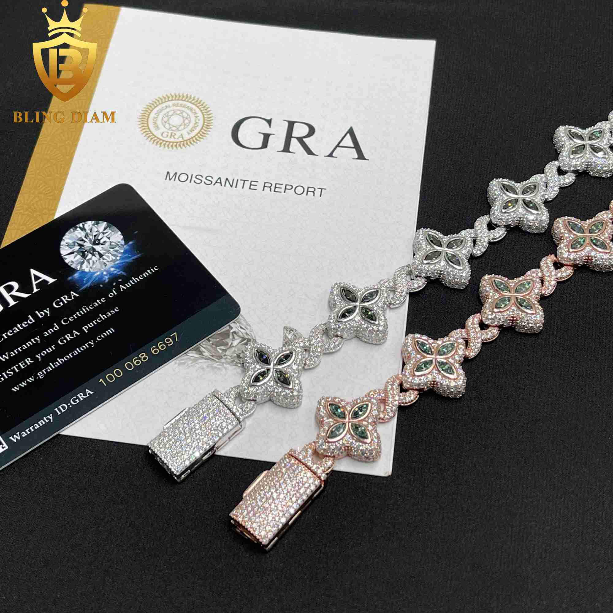 Hot Selling Design Hip Hop Jewelry Iced out Marquise Cuban Link Chain VVS Moissanite Four-Leaf Clover 18MM Bracelet