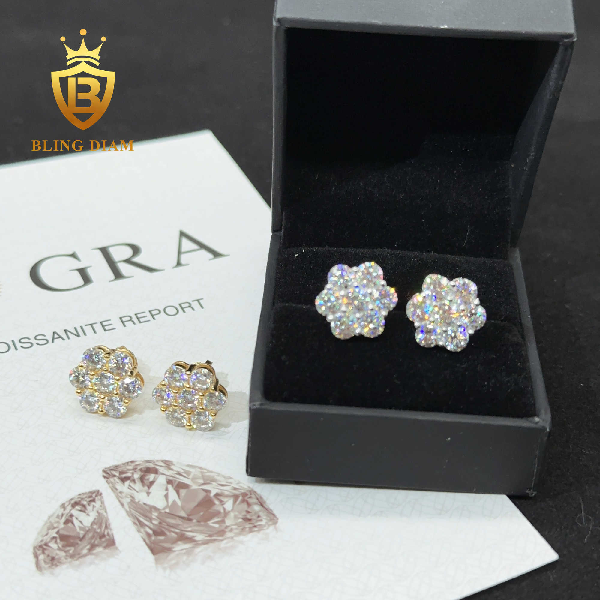 Read to Ship D VVS Moissanite Stud Earring 925 sterling silver 10k 14k 18k plated hip hop earrings earring Flower ear rings