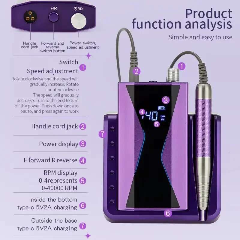 Brushless 40000RPM Electric hine 85W Handle Manicure Portable Polishing Tool Drill Rechargeable Nail Art