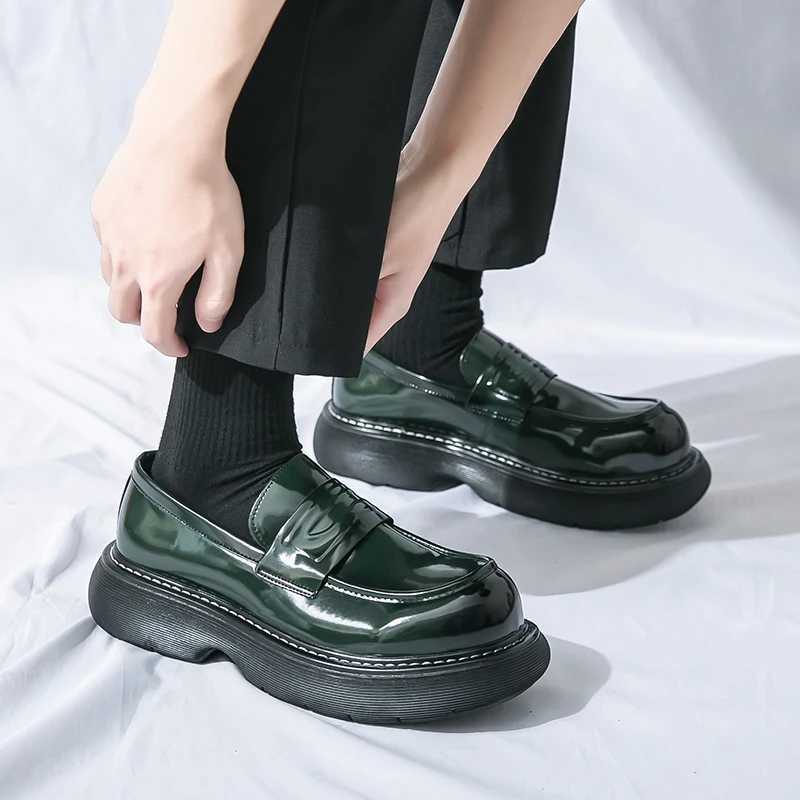 Green Loafers Mens Thick-soled Heightening British Style High-Level Business Casual Leather Shoes Slip- Lazy ShoesXJ250113